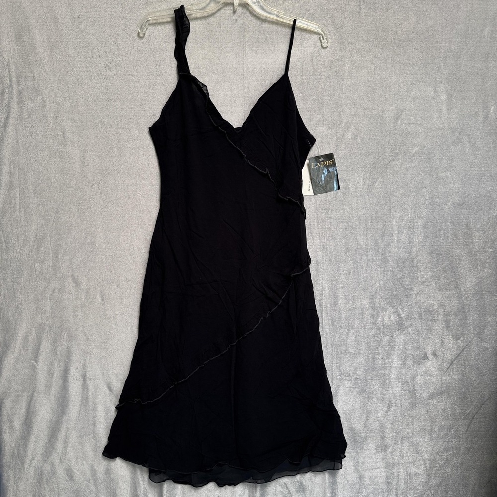 Lapis Dress Womens Large Black Chiffon Slip V Neck Ruffle Trim Lined Knee Length